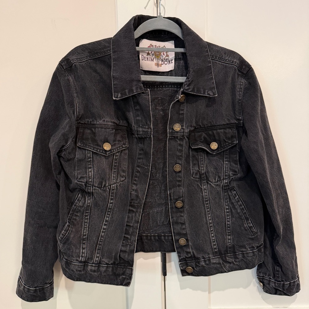 DENIM & BONE Wild and Free Black Denim Jacket Oversized Sz Small Free People - Picture 4 of 16